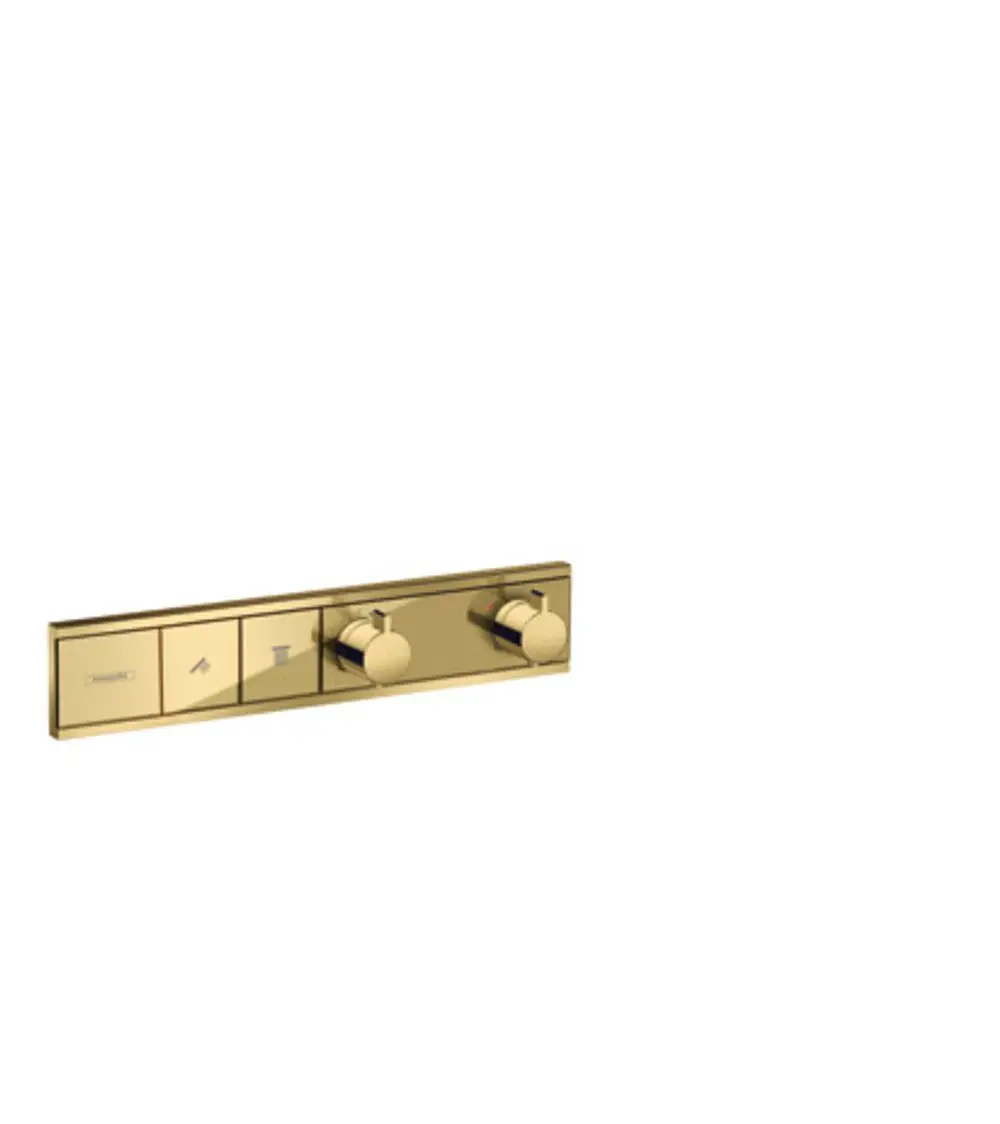 Thermostatunterputz mit zwei Bedienknöpfen und Schaltflächen von Hansgrohe in polierter Gold-Optik, montiert auf einer rechteckigen Wandplatte.
